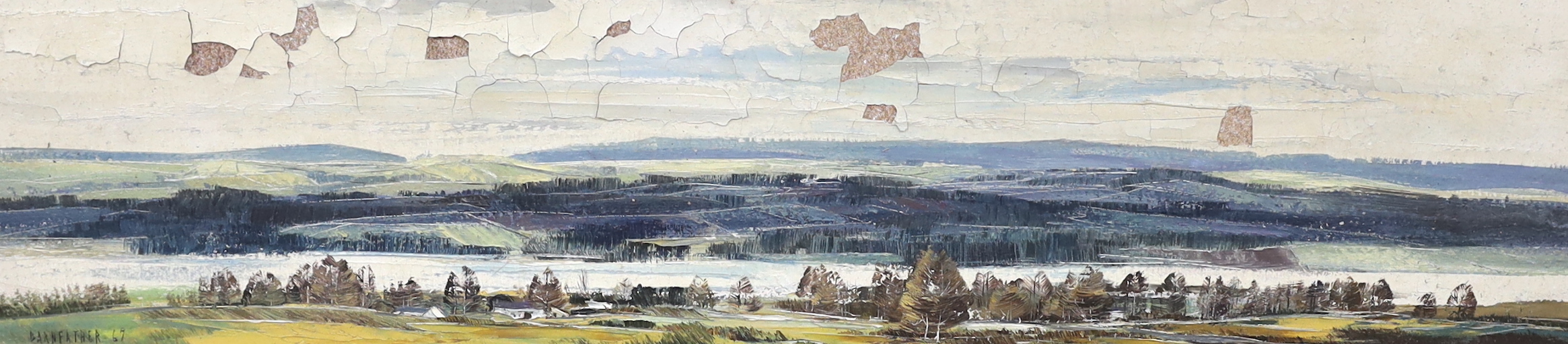 Michael Barnfather (1934-), oil on board, View over the Severn, signed and dated '67, 14 x 60cm, paint flaking